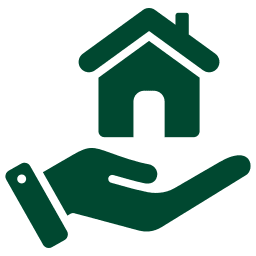 A green icon of a hand holding a house.