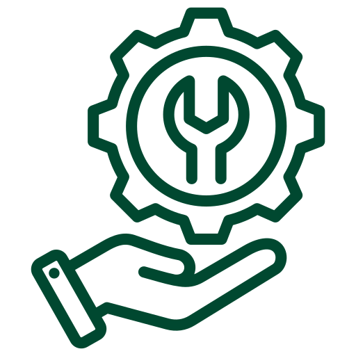 A green icon of a hand holding a wrench.